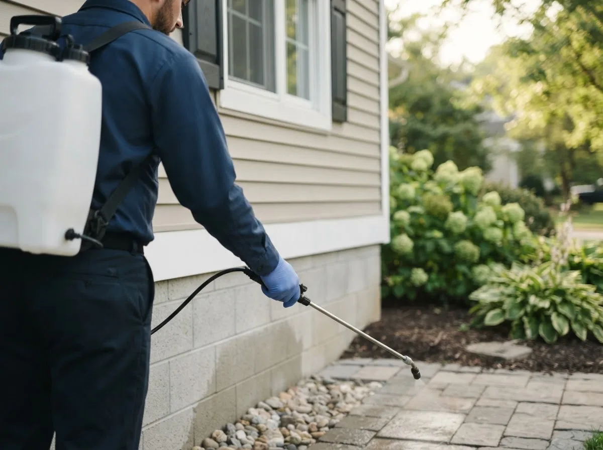 Pest control technician inspecting a home in Henley, MO